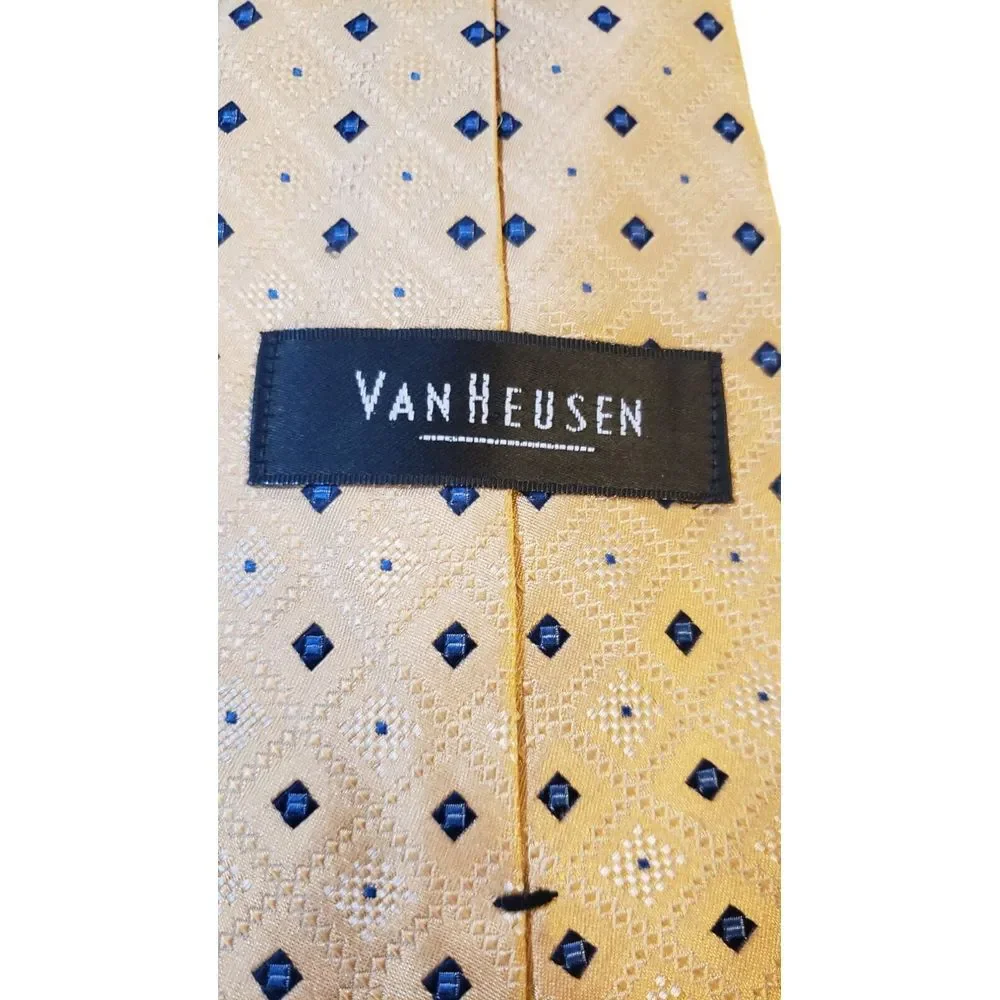 Van Heusen 100% Silk‎ Tie Woven Yellow Blue Geometric Mens Woven Short